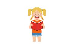Happy girl reading red book with blonde hair in ponytails an Product Image 1