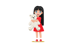 Girl holding white teddy bear smiling in red dress and red s Product Image 1