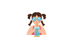 Girl with pigtails drinking water through straw in blue glas Product Image 1