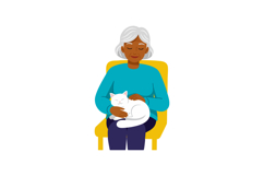 Elderly woman sitting on chair with white cat in lap relaxin Product Image 1