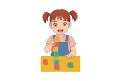 Young girl playing with colorful alphabet blocks on yellow t Product Image 1