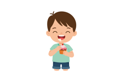 Happy boy eating pink cupcake with chocolate topping smiling Product Image 1