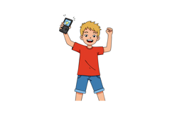 Excited boy holding handheld gaming console wearing red shir Product Image 1