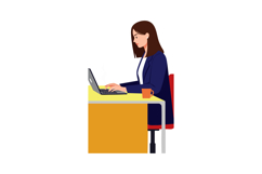 Woman working on laptop at office desk with coffee cup in fl Product Image 1