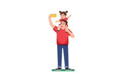 Father carrying daughter on shoulders taking selfie with sma Product Image 1
