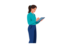 Woman Using Digital Tablet in Blue Shirt and Dark Pants Stan Product Image 1