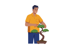 Man Trimming Bonsai Tree in Pot Gardening Hobby Illustration Product Image 1