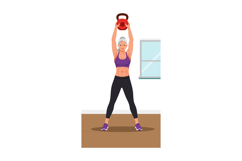Senior woman lifting red kettlebell in home workout fitness Product Image 1