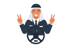 Arab man smiling driving car hands showing peace sign vector Product Image 1