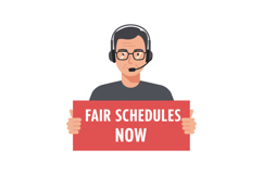 Man with headset holding fair schedules now sign vector illu Product Image 1