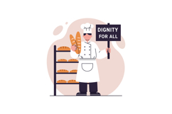 Baker holding bread loaves with dignity for all sign standin Product Image 1