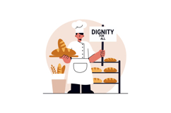 Baker holding bread and dignity for all sign promoting equal Product Image 1