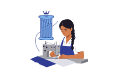Woman sewing with sewing machine and blue thread spool vecto Product Image 1
