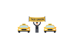 Taxi driver holding taxi union banner with two yellow taxis Product Image 1