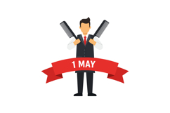 Man holding two combs with red 1 May ribbon celebration vect Product Image 1
