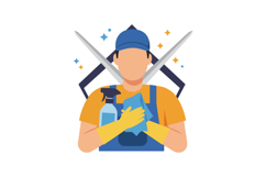 Janitor holding cleaning spray and cloth with crossed swords Product Image 1