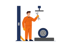 Mechanic in orange uniform holding wrench near tire and lift Product Image 1