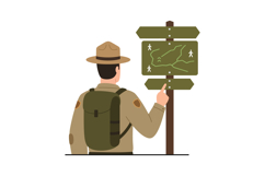 Park ranger exploring hiking trail map with backpack and wid Product Image 1