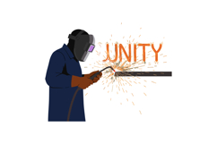 Welder creating unity word with sparks in industrial welding Product Image 1