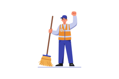 Male janitor in orange vest holding broom and raising fist v Product Image 1