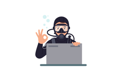 Diver with scuba gear showing okay hand sign in front of lap Product Image 1