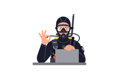 Scuba Diver Wearing Full Diving Gear and Signaling OK Gestur Product Image 1