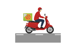Pizza delivery person riding red scooter on road vector illu Product Image 1