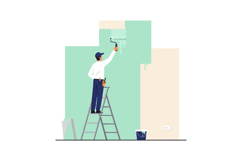 Painter on Ladder Painting Wall with Roller in Home Interior Product Image 1