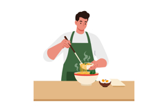 Man Cooking Hot Noodles in Kitchen Wearing Green Apron Vecto Product Image 1
