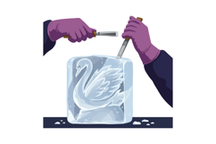Ice sculptor carving a swan figure with chisels in purple gl Product Image 1