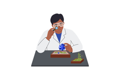 Scientist examining blue crystal with magnifying glass in la Product Image 1