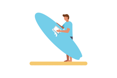 Surfer holding blue surfboard standing on beach vector illus Product Image 1