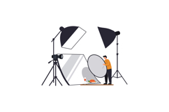 Photography studio setup with lighting equipment and food su Product Image 1