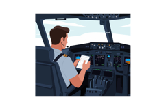 Pilot reading checklist in airplane cockpit with instrument Product Image 1