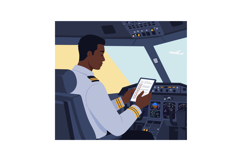 Airline pilot reading checklist in cockpit during flight vec Product Image 1