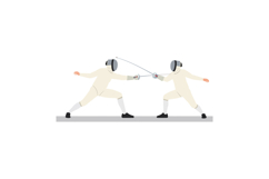 Fencing duel between two athletes in white protective gear e Product Image 1