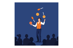 Male juggler performing with orange fruits and clubs on stag Product Image 1