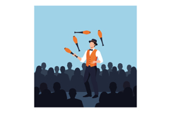 Juggler performing with orange clubs in front of audience si Product Image 1