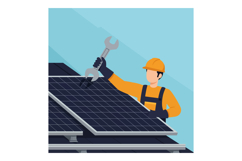 Solar panel technician repairing rooftop solar energy system Product Image 1