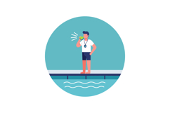 Male Swimming Coach Drinking Water on Poolside in Blue Backg Product Image 1