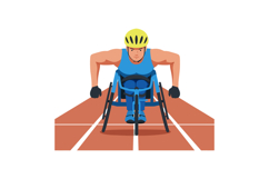 Athlete in wheelchair racing on track wearing helmet and glo Product Image 1