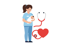 Nurse holding newborn baby with stethoscope and heart symbol Product Image 1
