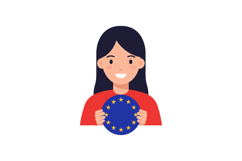 Woman holding European Union flag circle symbol smiling flat Product Image 1
