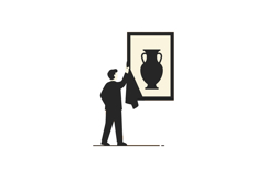 Man unveiling framed ancient vase artwork in museum minimali Product Image 1
