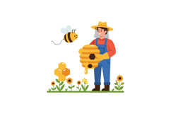 Beekeeper Holding Beehive with Bee and Flowers in Garden Vec Product Image 1