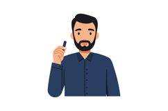 Man with dark beard holding vape device in blue shirt vector Product Image 1