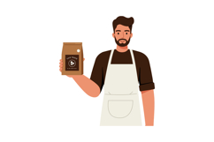 Man in apron holding coffee bag illustration with brown and Product Image 1