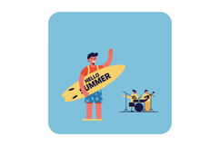Surfer holding yellow surfboard with hello summer text and b Product Image 1