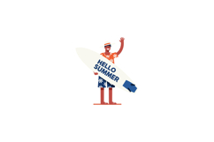 Surfer holding surfboard with hello summer text in tropical Product Image 1