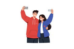 Young couple taking selfie with smartphones wearing red and Product Image 1